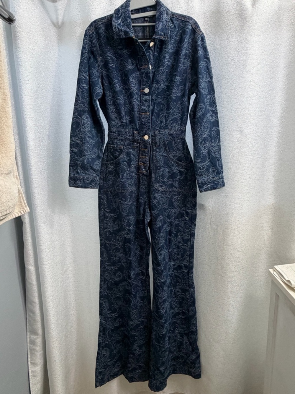 Fashion Nova Dark Blue Denim Flared Jumpsuit with Button Front